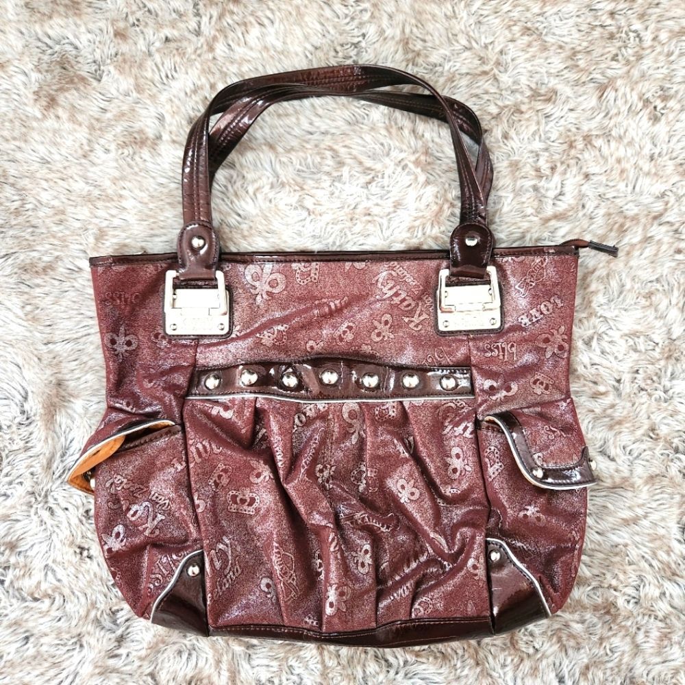 Kathy Van Zeeland Brick Red Metallic Crown Print Satchel Handbag